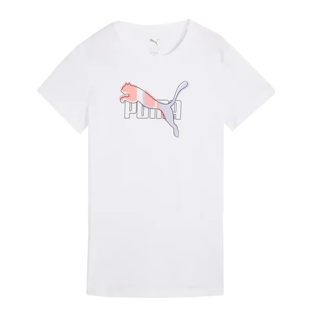 Camiseta feminina Puma branca vista frontal com logo colorido no peito